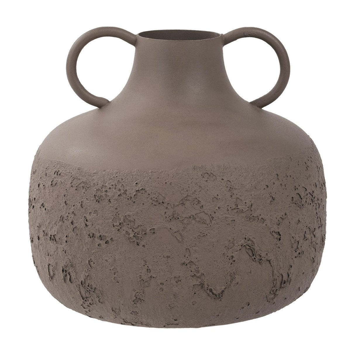 Libra Interiors Textured Two-Tone Handled Metal Vase in brown, with a smooth matt upper body, rough textured base and two looped handles on a white background.