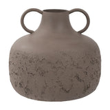 Libra Interiors Textured Two-Tone Handled Metal Vase in brown, with a smooth matt upper body, rough textured base and two looped handles on a white background.