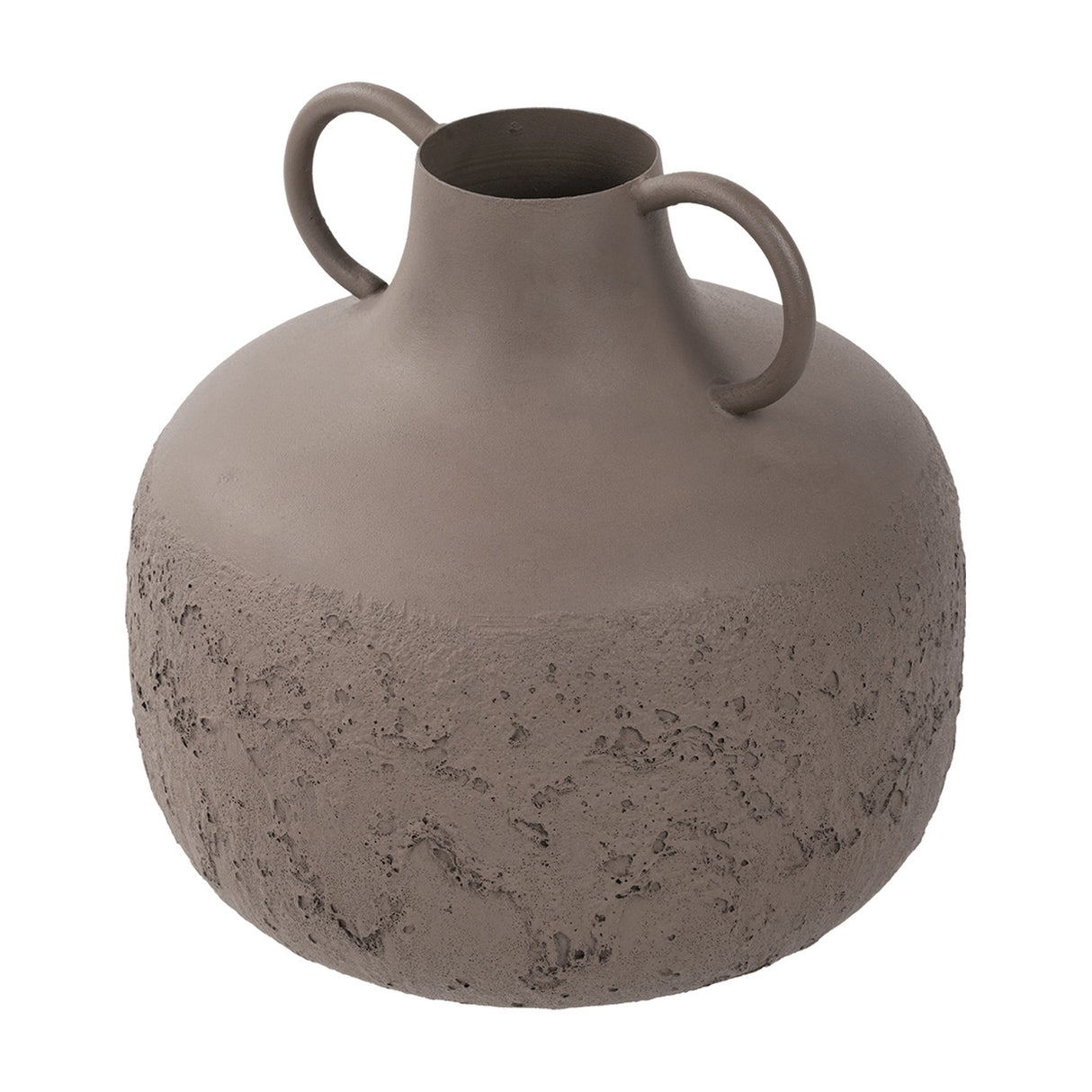 Libra Interiors brown two-tone metal vase with rounded bellied body, two looped handles, and textured base on a white background.