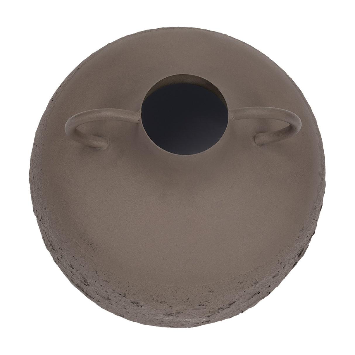 Top-down view of Libra Interiors Textured Two-Tone Handled Metal Vase in brown, showing the round mouth and two looped handles on a white background.