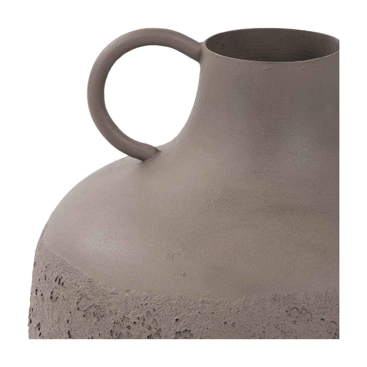 Close-up of Libra Interiors Textured Two-Tone Handled Metal Vase in brown, showing the smooth matt neck, looped handle and rough textured base.