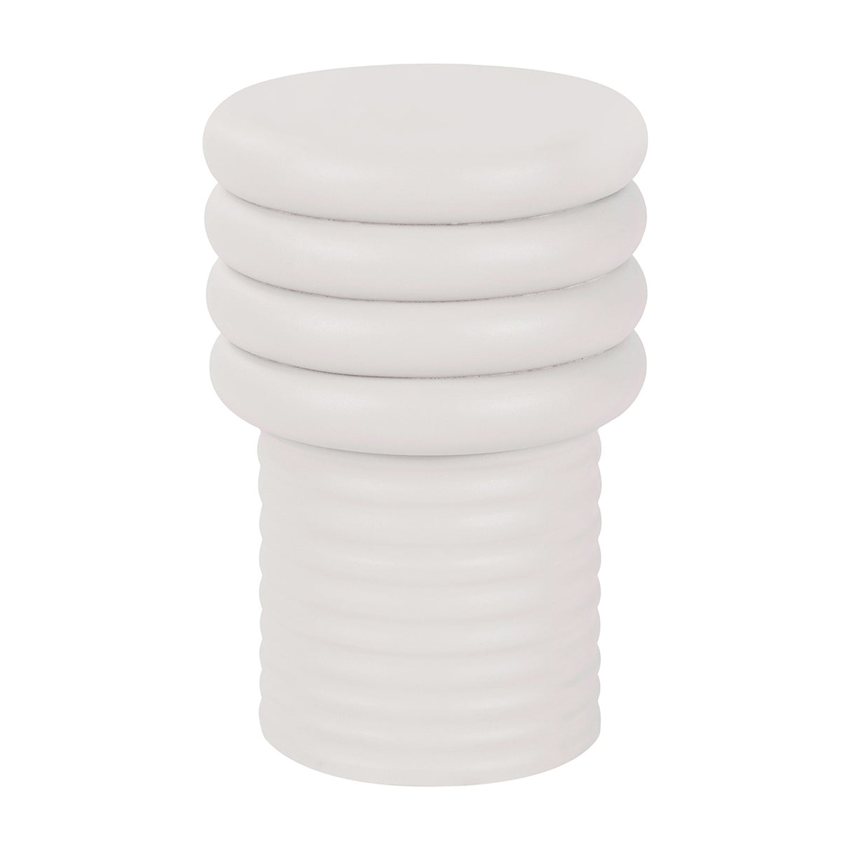 Libra Interiors Ribbed Iron Sculptural Side Table in cream with stacked disc top and ribbed cylindrical base, shown on a plain white background.