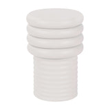 Libra Interiors Ribbed Iron Sculptural Side Table in cream with stacked disc top and ribbed cylindrical base, shown on a plain white background.