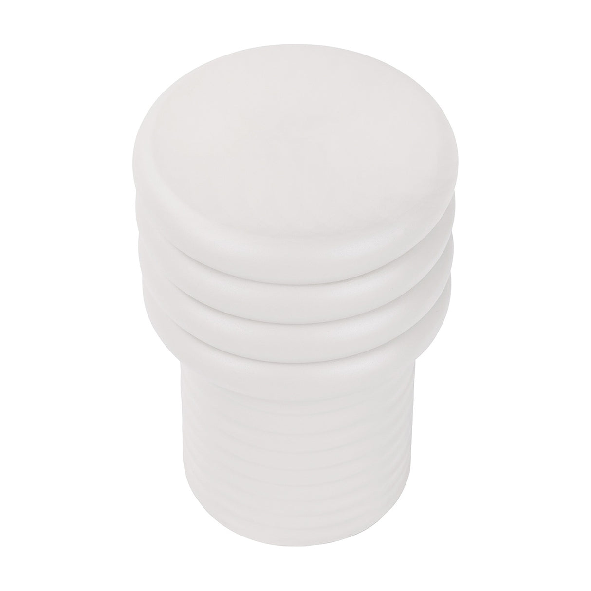 Libra Interiors Ribbed Iron Sculptural Side Table in cream with stacked ribbed bands and a smooth domed top, shown from above on a white background.