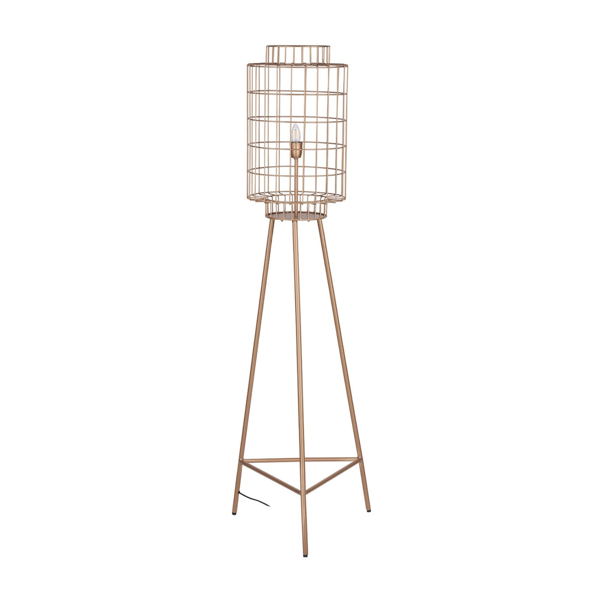 Libra Interiors Wire Cage Tripod Floor Lamp in brass with a cylindrical iron cage shade, single exposed bulb and tapered tripod base on a white background.