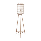 Libra Interiors Wire Cage Tripod Floor Lamp in brass with a cylindrical iron cage shade, single exposed bulb and tapered tripod base on a white background.