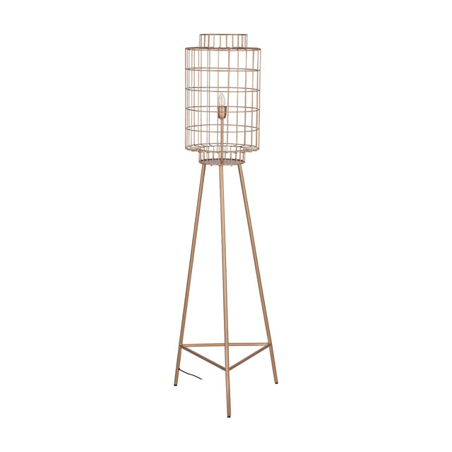 Libra Interiors Wire Cage Tripod Floor Lamp in brass with a cylindrical iron cage shade, single exposed bulb and tapered tripod base on a white background.