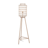 Libra Interiors Wire Cage Tripod Floor Lamp in burnished brass, with a cylindrical iron wire shade and slim tripod base, on a plain background.