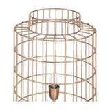 Close-up of the Libra Interiors Wire Cage Tripod Floor Lamp in brass, showing the cylindrical iron wire shade and single exposed E27 bulb.