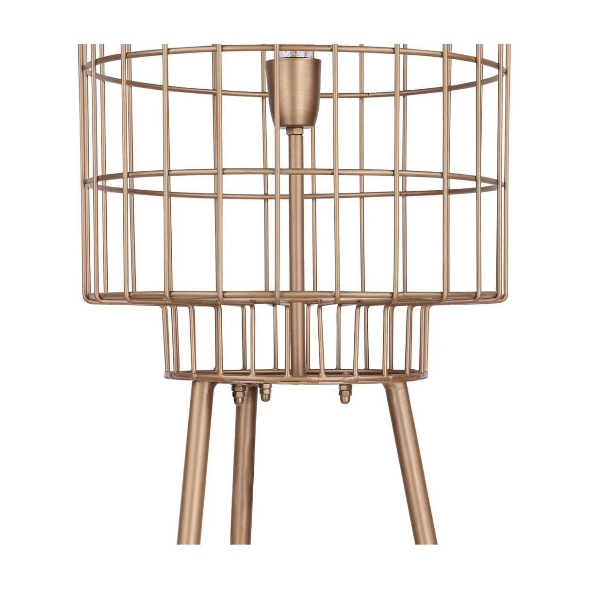 Close-up of the Libra Interiors Wire Cage Tripod Floor Lamp in brass, showing the cylindrical iron cage shade, E27 bulb holder, and tapered tripod legs.