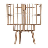 Close-up of the Libra Interiors Wire Cage Tripod Floor Lamp in brass, showing the cylindrical iron cage shade, E27 bulb holder, and tapered tripod legs.