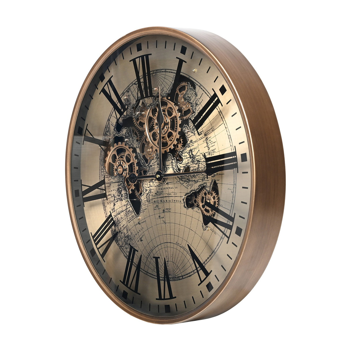 Libra Interiors Moving Cogs World Map wall clock in antique gold, angled view showing Roman numerals, exposed turning cogs and sepia map under glass.