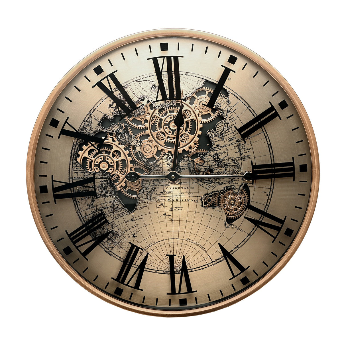 Libra Interiors Moving Cogs World Map wall clock in antique gold with black Roman numerals, exposed cogs over a sepia map and brushed metal frame.