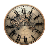 Libra Interiors Moving Cogs World Map wall clock in antique gold with black Roman numerals, exposed cogs over a sepia map and brushed metal frame.