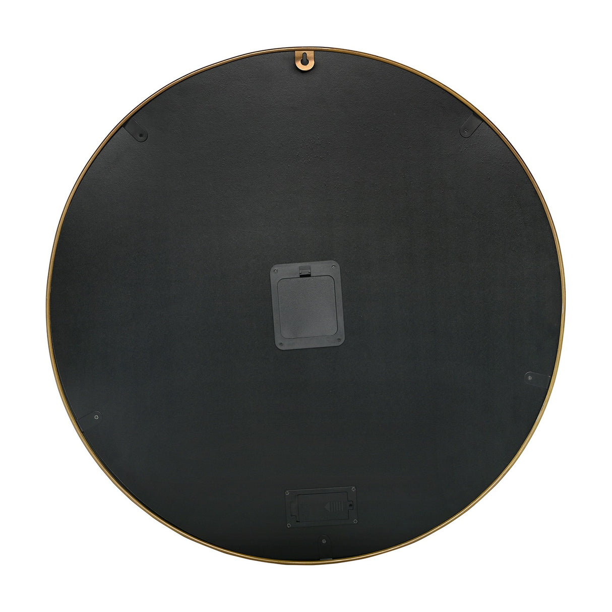 Rear view of the Libra Interiors Moving Cogs World Map Wall Clock in antique gold, showing the black backing, keyhole hanger and battery compartment.