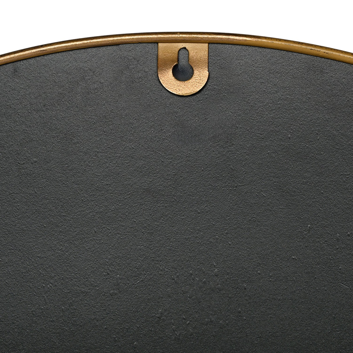 Close-up of the antique gold metal hanging bracket and brushed frame edge on the reverse of the Libra Interiors Moving Cogs World Map Wall Clock.