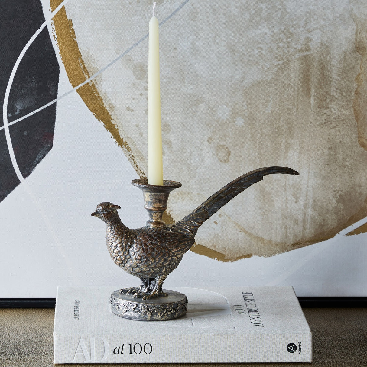 Textured Pheasant Antique Gold Candle Holder
