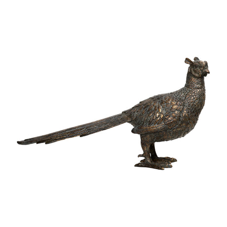 Libra Interiors Textured Antique Gold Pheasant Sculpture in resin, standing with raised head and long trailing tail, shown against a plain white background.