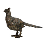 Libra Interiors textured antique gold pheasant sculpture in resin, shown side-on with raised head, layered feather detail and long trailing tail on white.