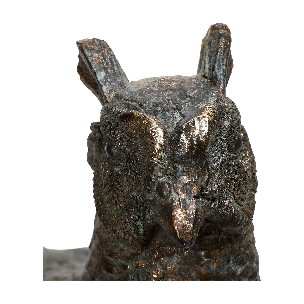 Close-up of the Libra Interiors Textured Antique Gold Pheasant Sculpture showing the detailed head, beak and ear tufts in metallic antique gold resin.