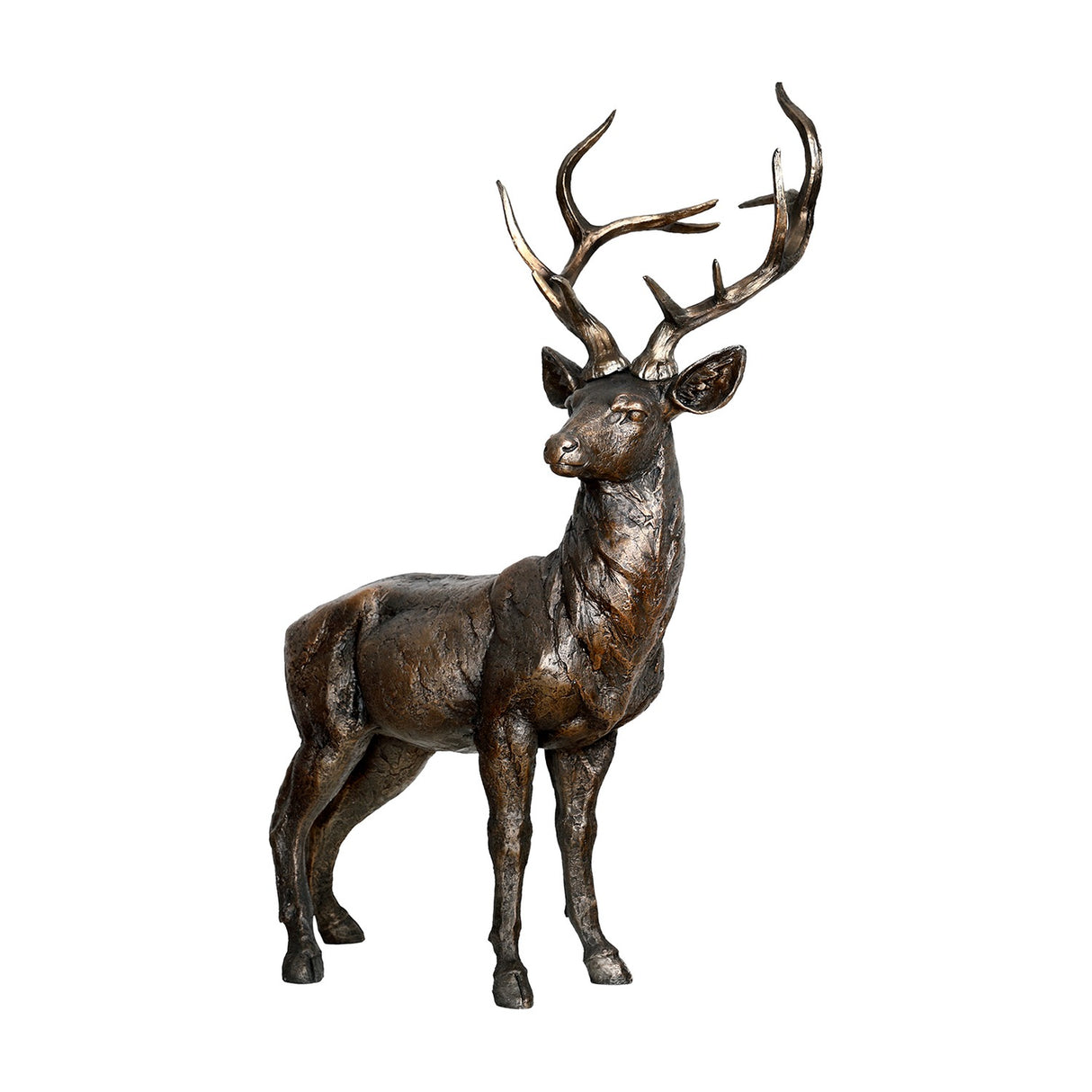 Libra Interiors Textured Bronze Standing Stag Sculpture with tall branching antlers and a richly textured metallic bronze resin finish, on white.