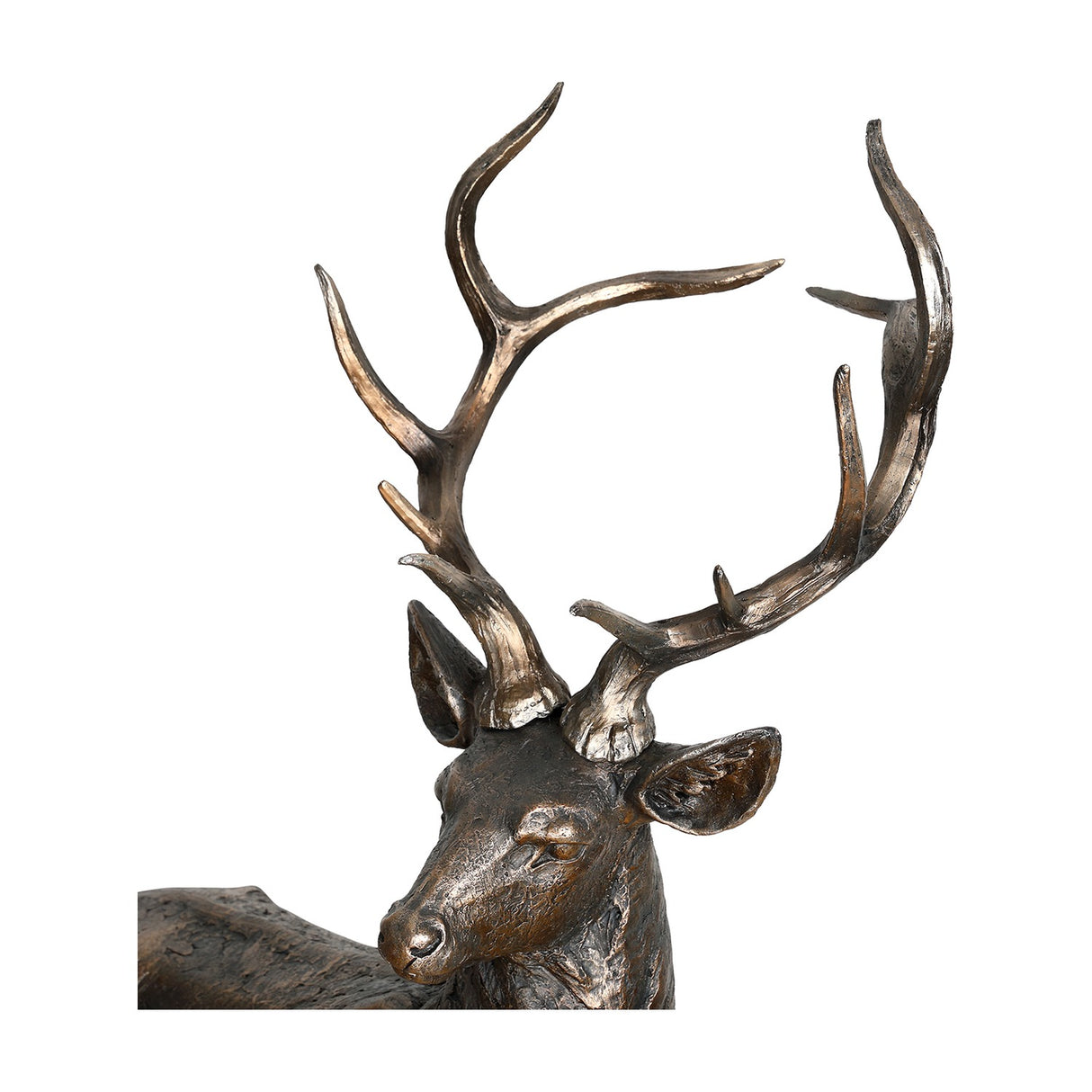 Close-up of Libra Interiors Textured Bronze Standing Stag Sculpture showing the head and full sweep of antlers in a warm textured bronze finish.