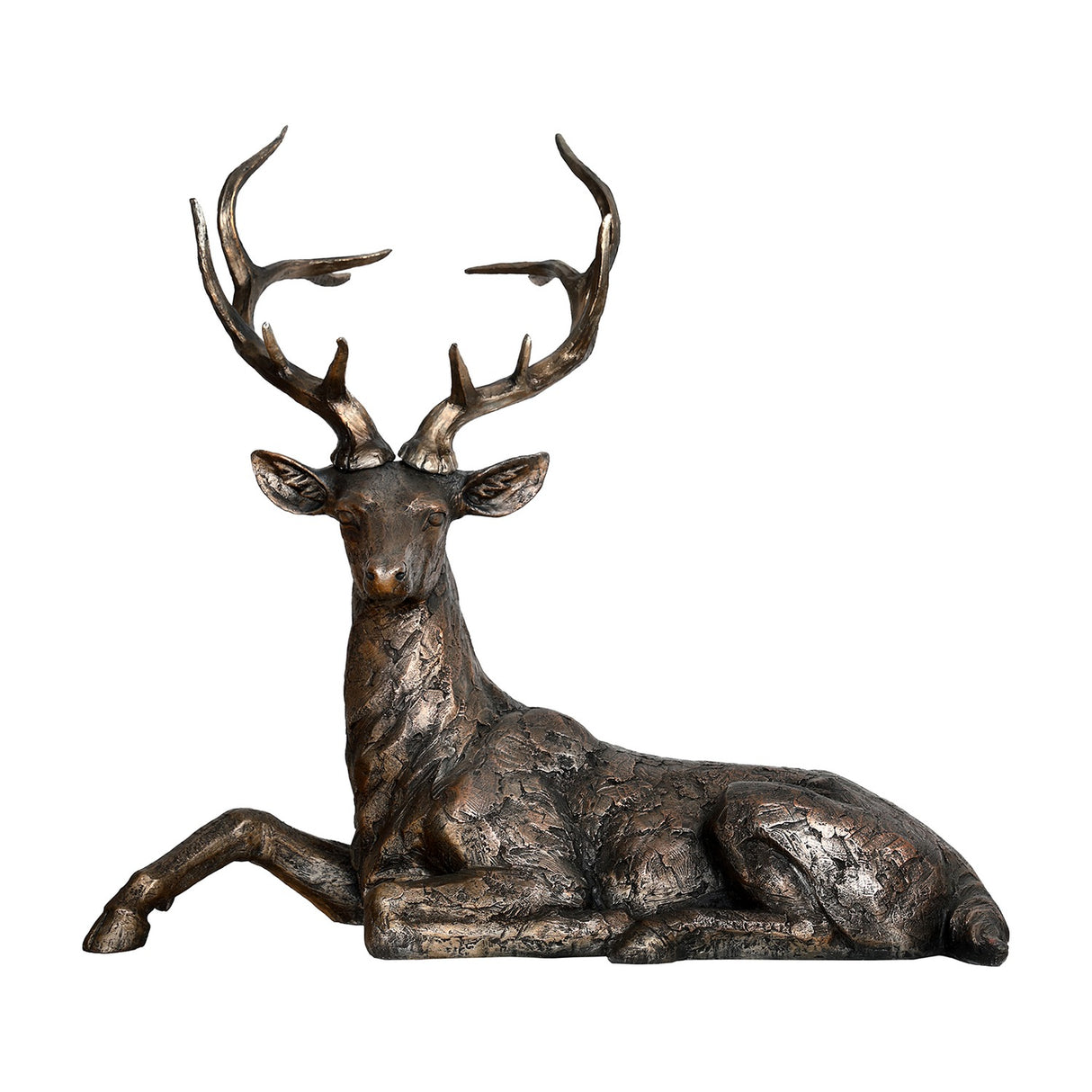 Libra Interiors Textured Resin Lying Stag Sculpture in bronze, shown resting with head raised and full branching antlers against a plain white background.