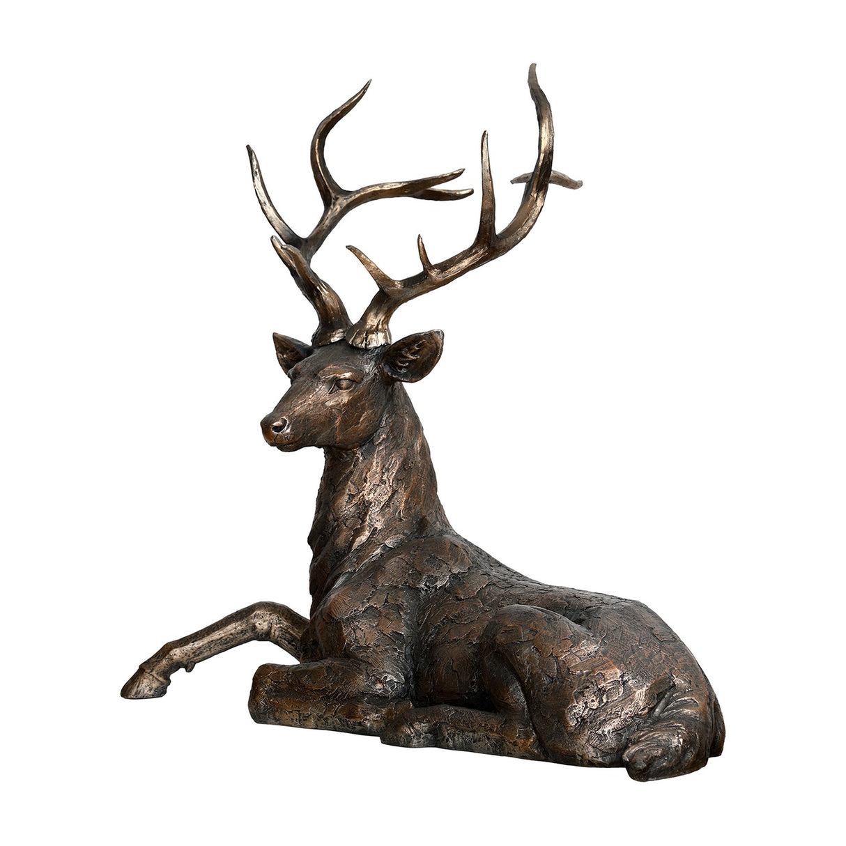 Libra Interiors Textured Resin Lying Stag Sculpture in bronze, shown resting with head raised and full branching antlers against a plain white background.