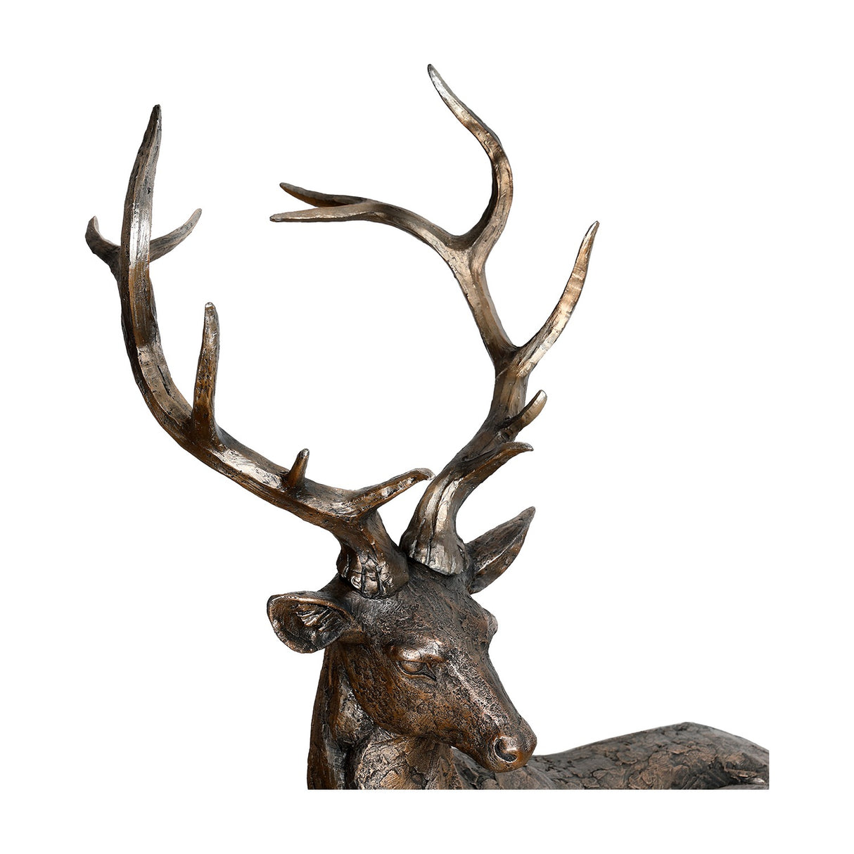 Libra Interiors textured resin lying stag sculpture in bronze, close-up of the head and branching antlers with metallic finish, on a white background.