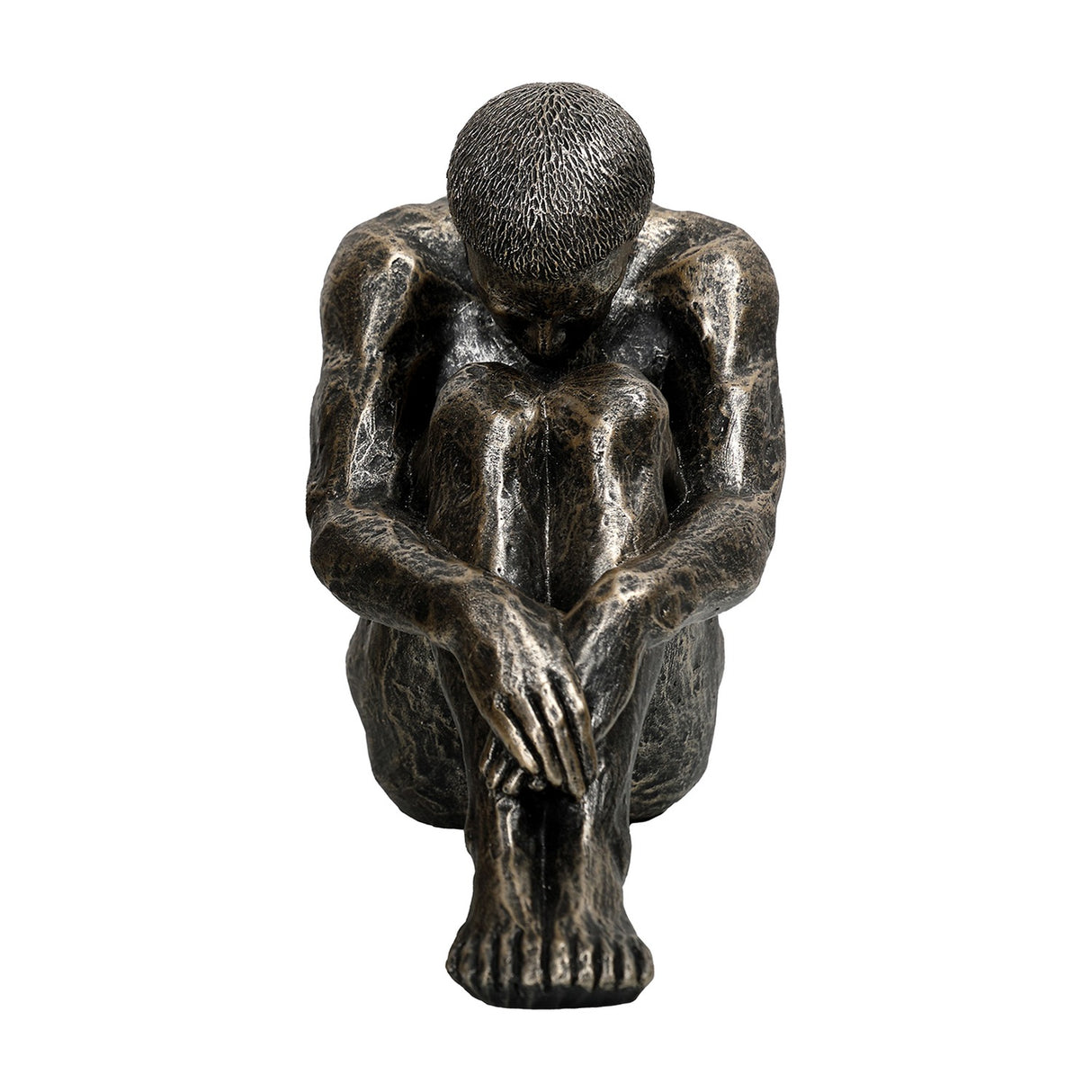 Libra Interiors textured resin seated male sculpture in antique gold, shown from the front with head bowed onto folded arms and knees drawn in close.