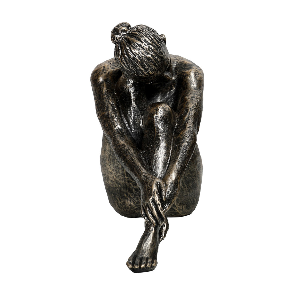 Libra Interiors textured resin seated female sculpture in antique gold, head resting on bent knees with one leg extended, on a plain white background.