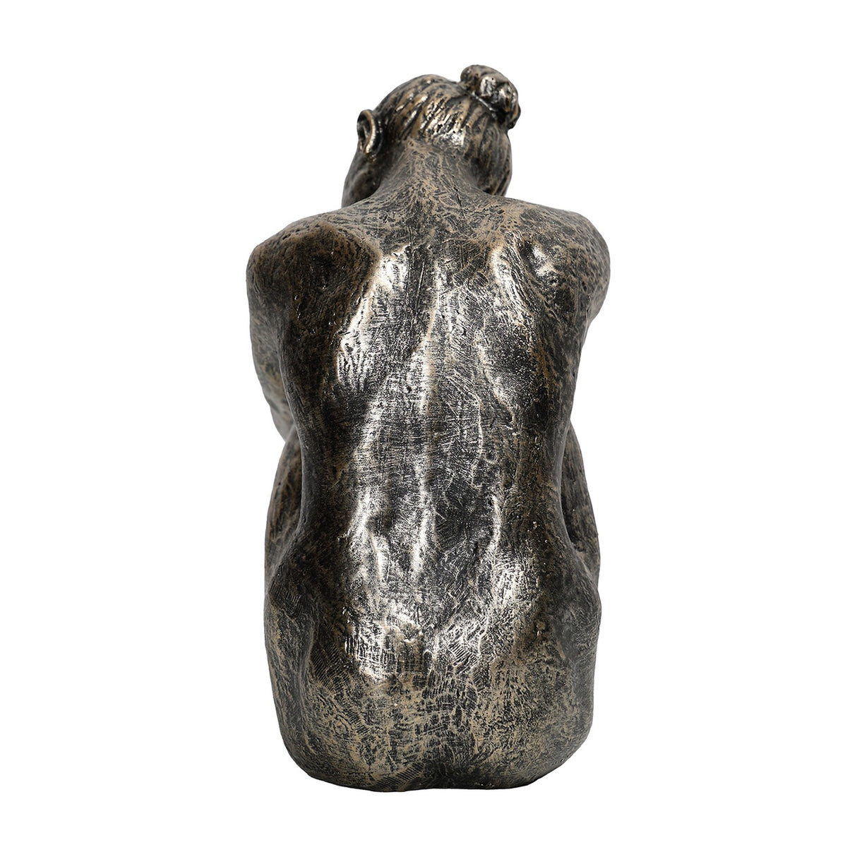 Rear view of Libra Interiors Textured Resin Seated Female Sculpture in antique gold, showing the modelled back and hair bun against a white background.