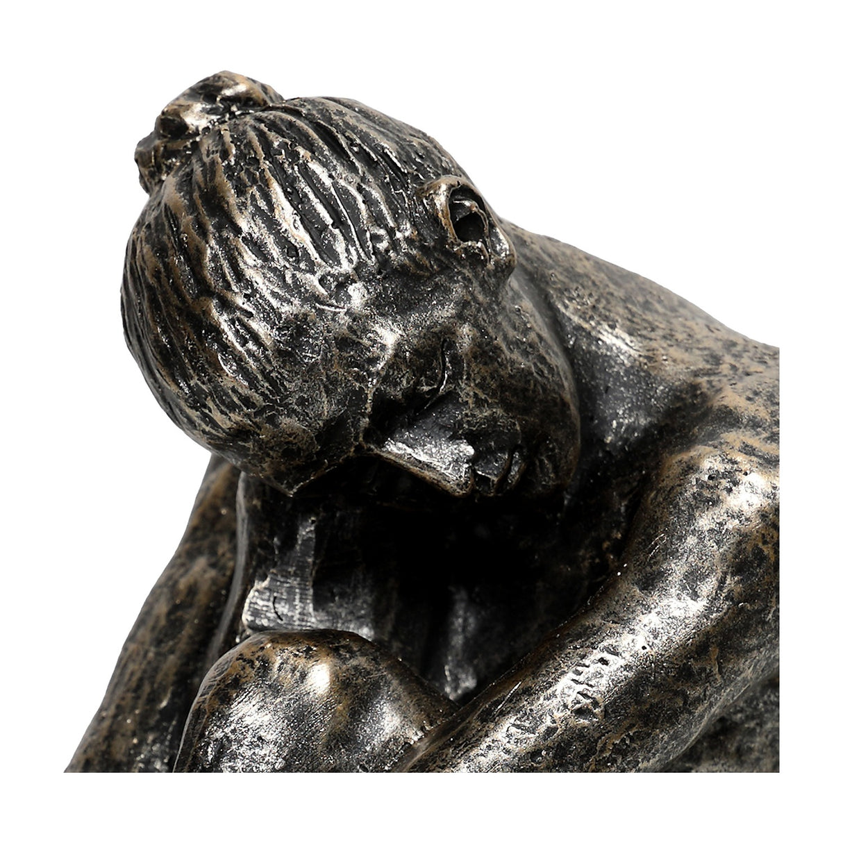Close-up of the Libra Interiors Textured Resin Seated Female Sculpture in antique gold, showing the head resting on bent knees with textured hair detail.