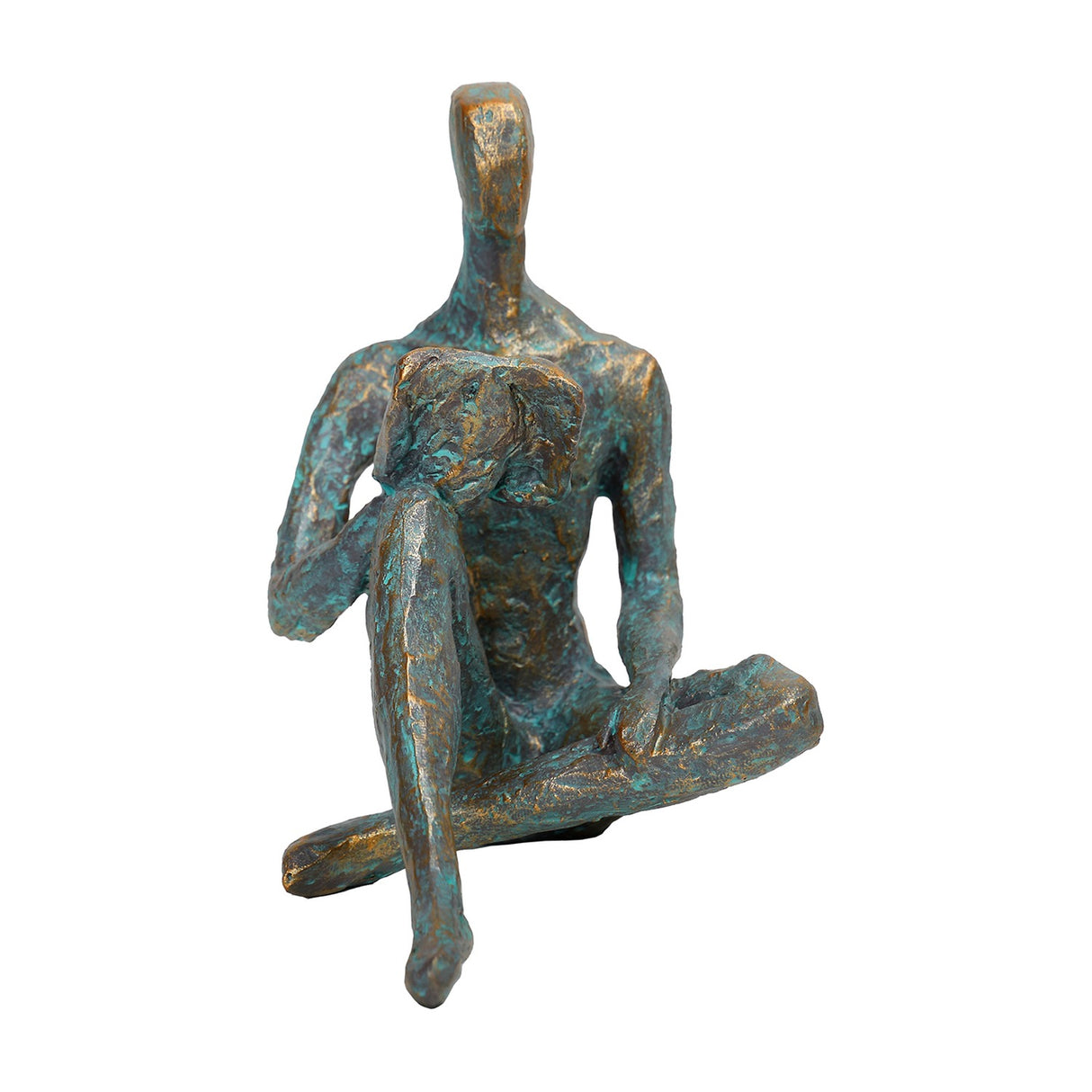 Libra Interiors Verdigris Seated Reading Man resin sculpture in antique gold and blue, shown cross-legged with a rough cast patina on a white background.