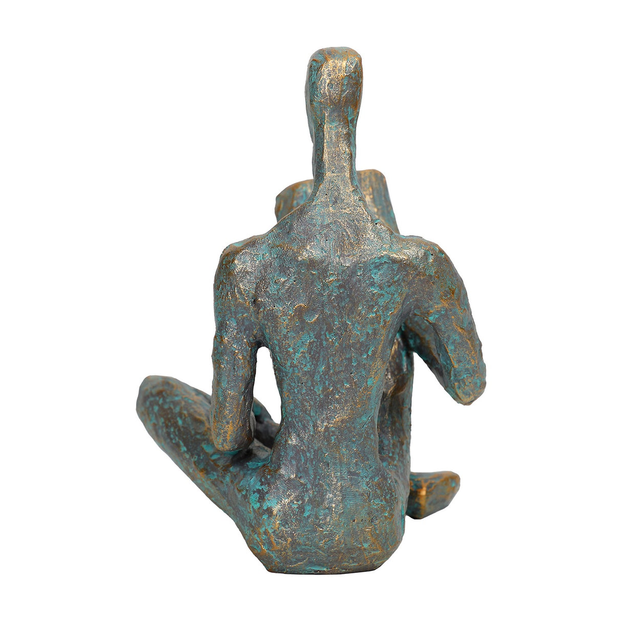 Libra Interiors Verdigris Seated Reading Man resin sculpture shown from the back, faceted form in antique gold and blue patina on a white background.