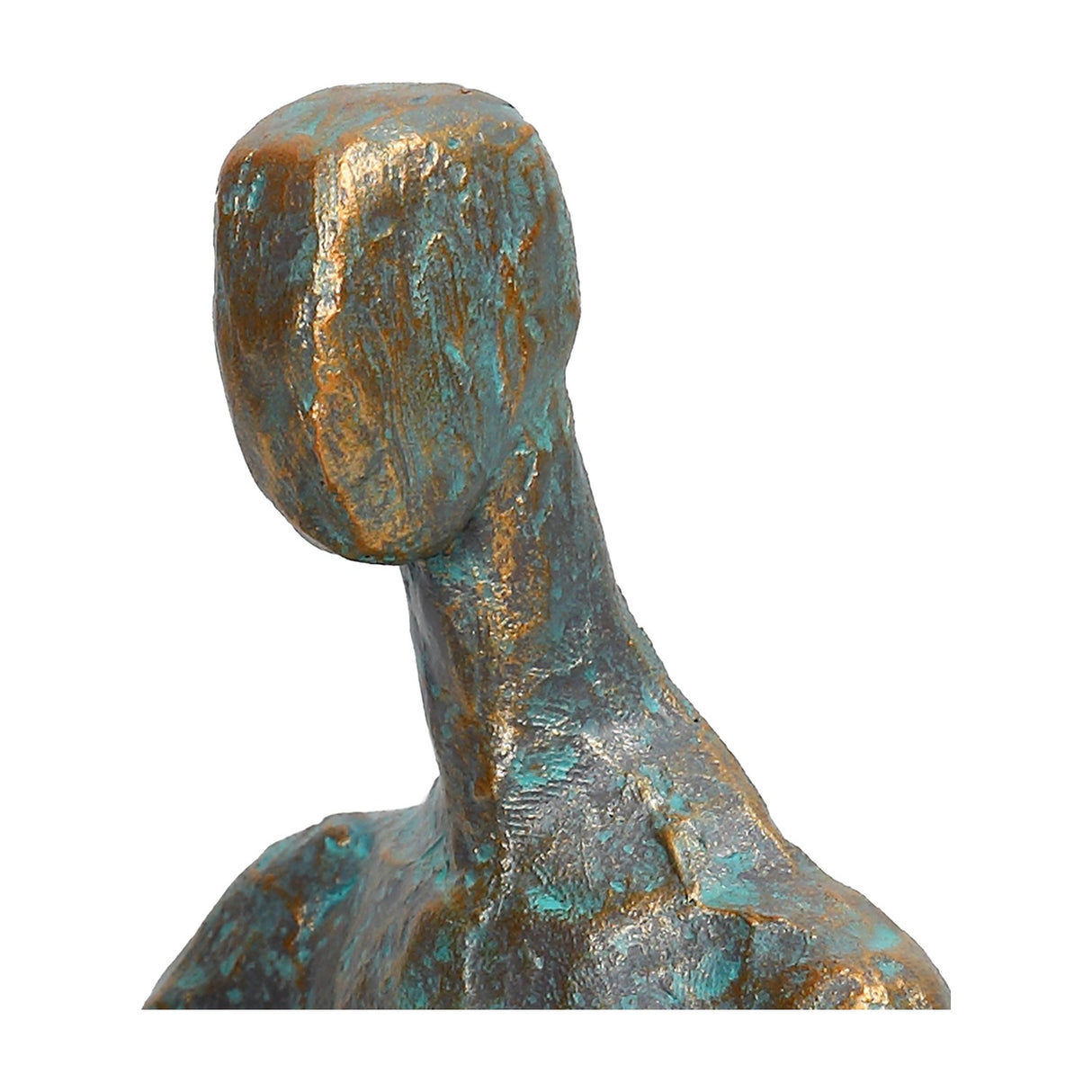 Close-up of the Libra Interiors Verdigris Seated Reading Man Sculpture's faceted head and shoulders in antique gold and blue rough cast resin patina.