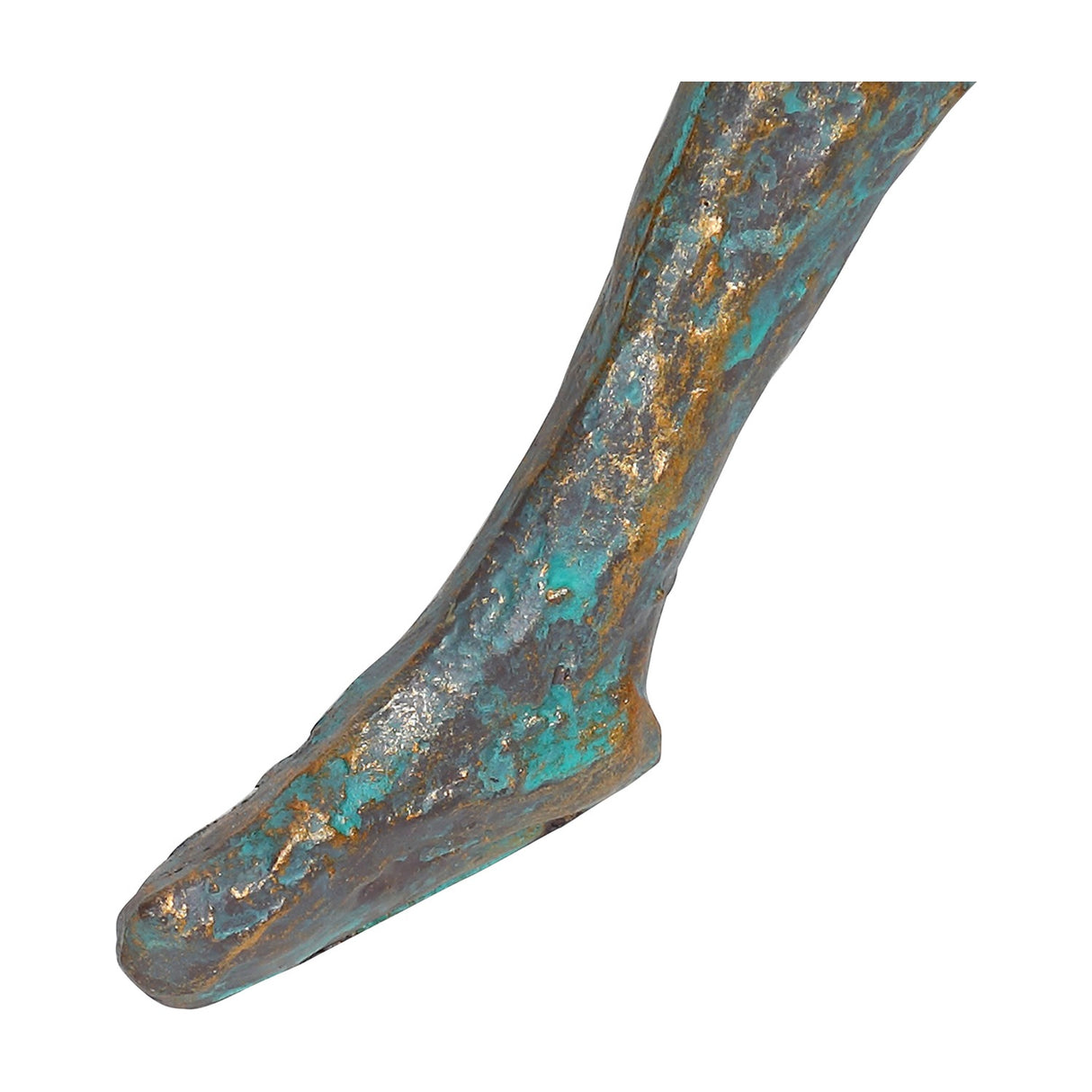 Close-up of the Libra Interiors Verdigris Seated Reading Man resin sculpture's lower leg and foot, showing rough cast antique gold and blue patina texture.