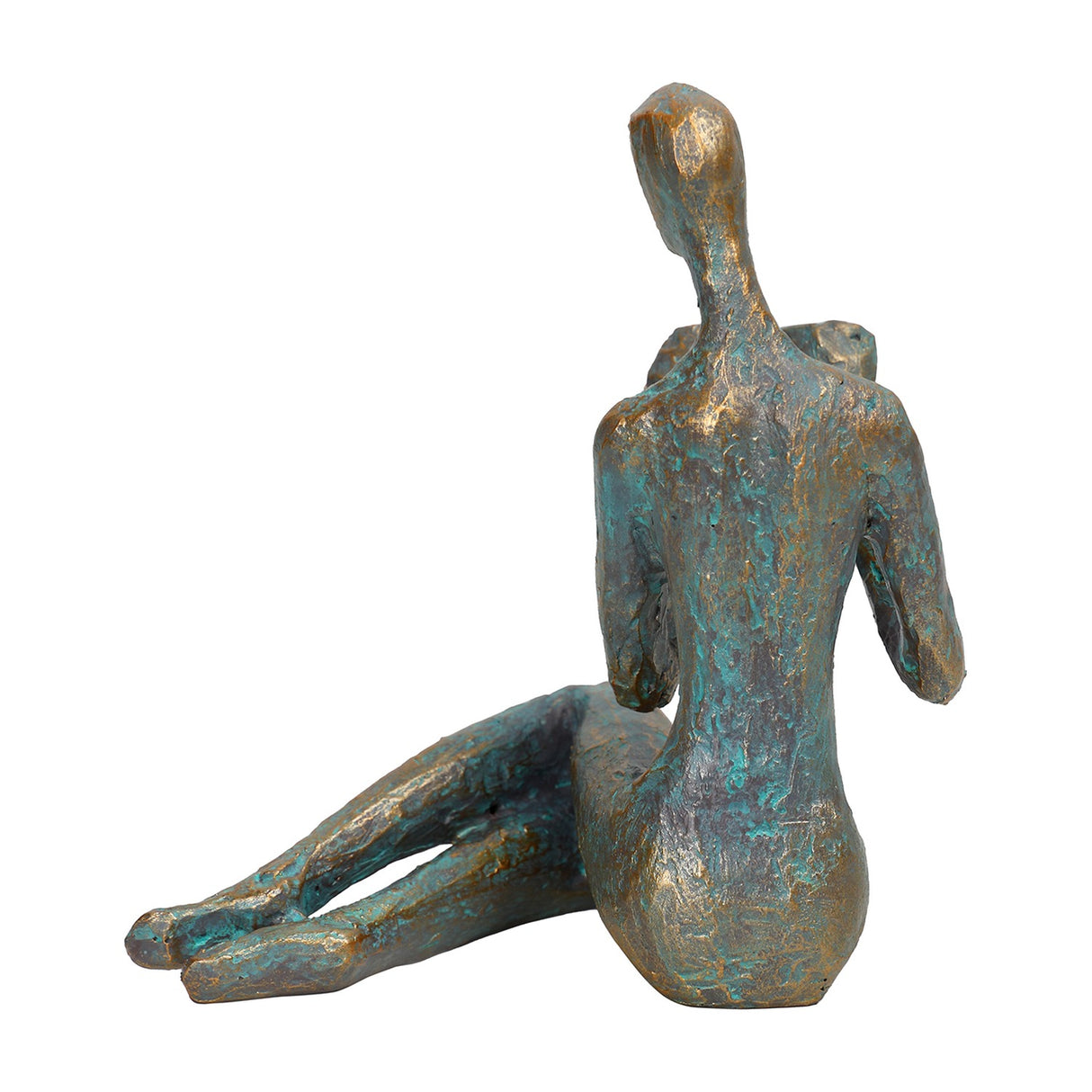 Rear view of the Libra Interiors Reading Woman resin sculpture in antique gold verdigris finish, seated figure with elongated legs, on a white background.