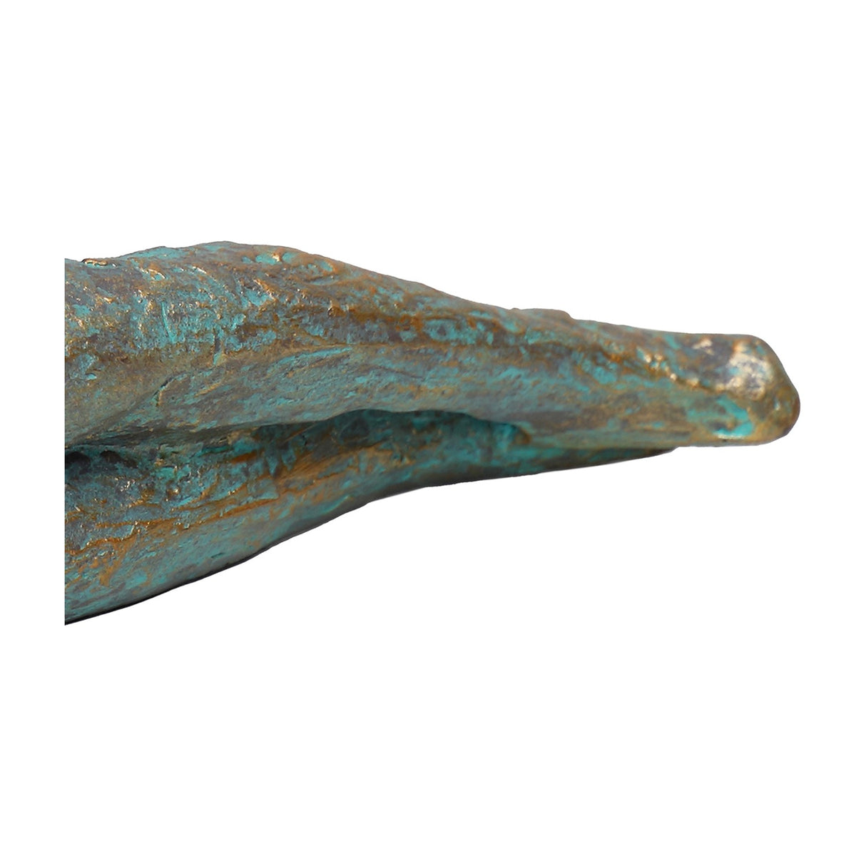 Close-up of the Libra Interiors Reading Woman resin sculpture showing the elongated head and textured verdigris antique gold and blue patina finish.