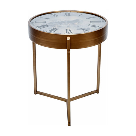 Libra Interiors Clock Top Round Antique Gold Side Table with glass top revealing a Roman numeral clock face and world map, on slim three-legged metal base.