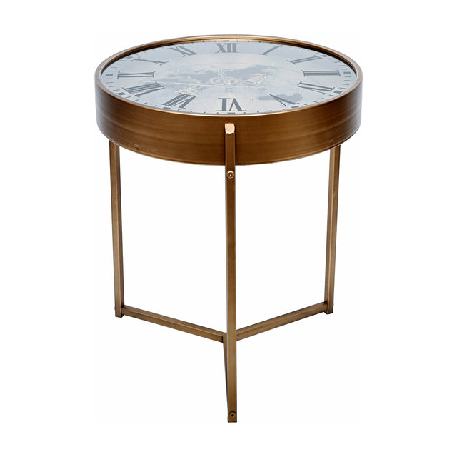Libra Interiors Clock Top Round Antique Gold Side Table with glass top revealing a Roman numeral clock face and world map, on slim three-legged metal base.