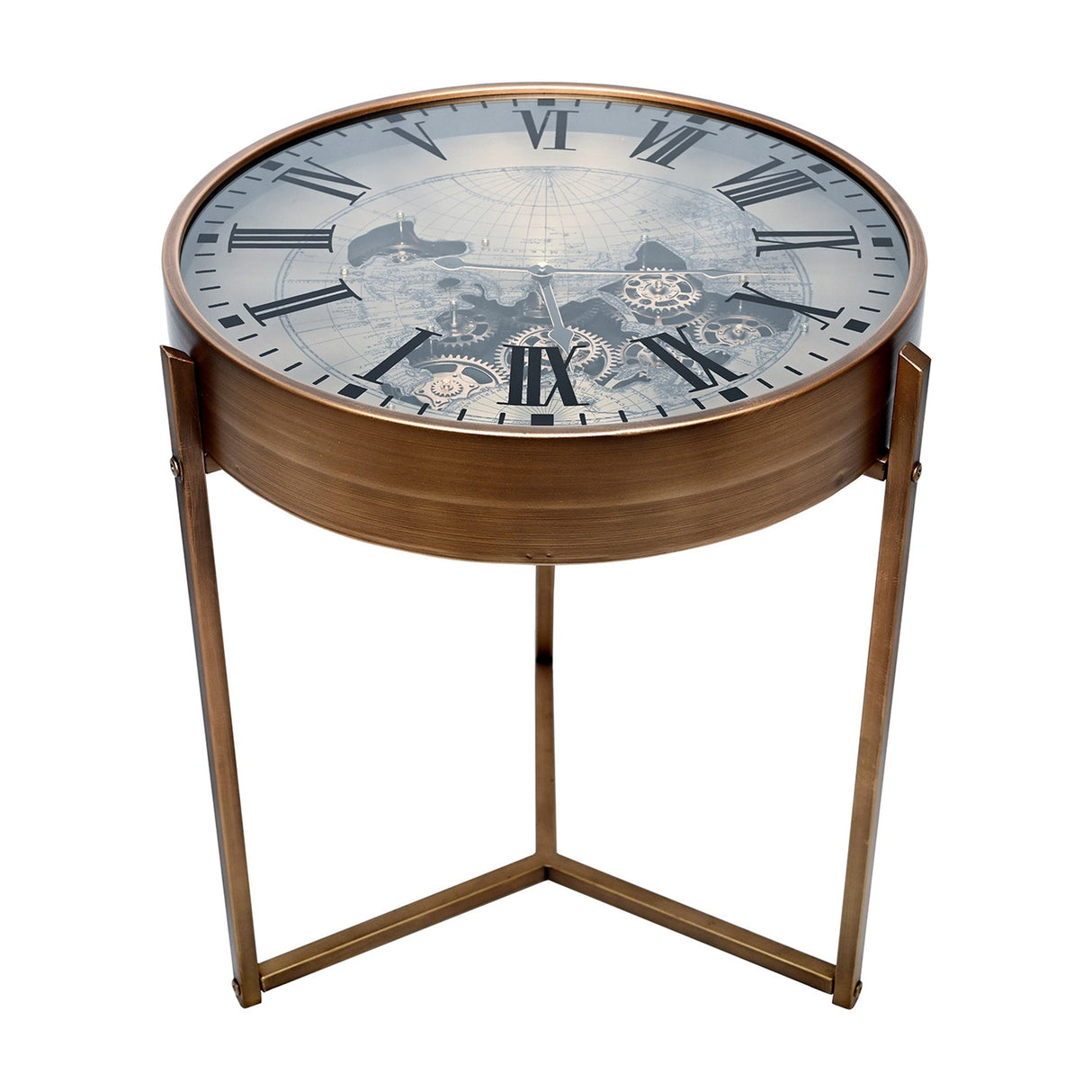 Libra Interiors Clock Top round side table in antique gold, with a glass top revealing a Roman numeral clock face, moving cogs and vintage world map.