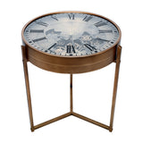 Libra Interiors Clock Top round side table in antique gold, with a glass top revealing a Roman numeral clock face, moving cogs and vintage world map.