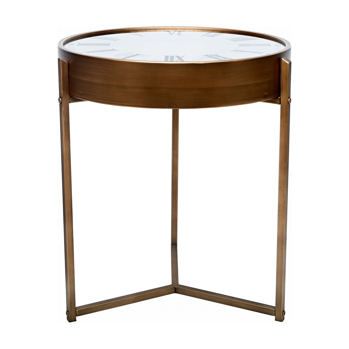 Libra Interiors Clock Top Round Antique Gold Side Table with glass clock-face top, smoked gold metal frame and three slim legs on a white background.