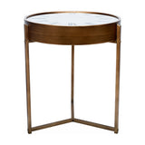 Libra Interiors Clock Top Round Antique Gold Side Table with glass clock-face top, smoked gold metal frame and three slim legs on a white background.
