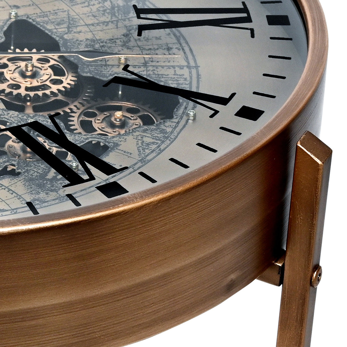 Close-up of Libra Interiors Clock Top Round Antique Gold Side Table showing the glass top, Roman numerals, exposed cogs and brushed smoked gold frame.