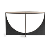Libra Interiors Sculpted Glass & Iron Console Table in black with arched cut-out base and brown-tinted glass top, shown on a plain white background.