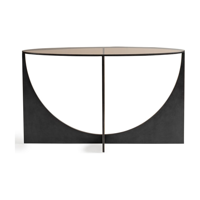 Libra Interiors Sculpted Glass & Iron Console Table in black with arched cut-out base and brown-tinted glass top, shown on a plain white background.