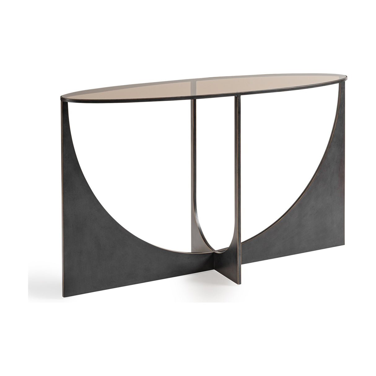 Libra Interiors Sculpted Glass & Iron Console Table in black with arched iron base, central spine and brown-tinted oval glass top on a white background.
