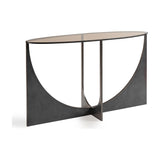 Libra Interiors Sculpted Glass & Iron Console Table in black with arched iron base, central spine and brown-tinted oval glass top on a white background.